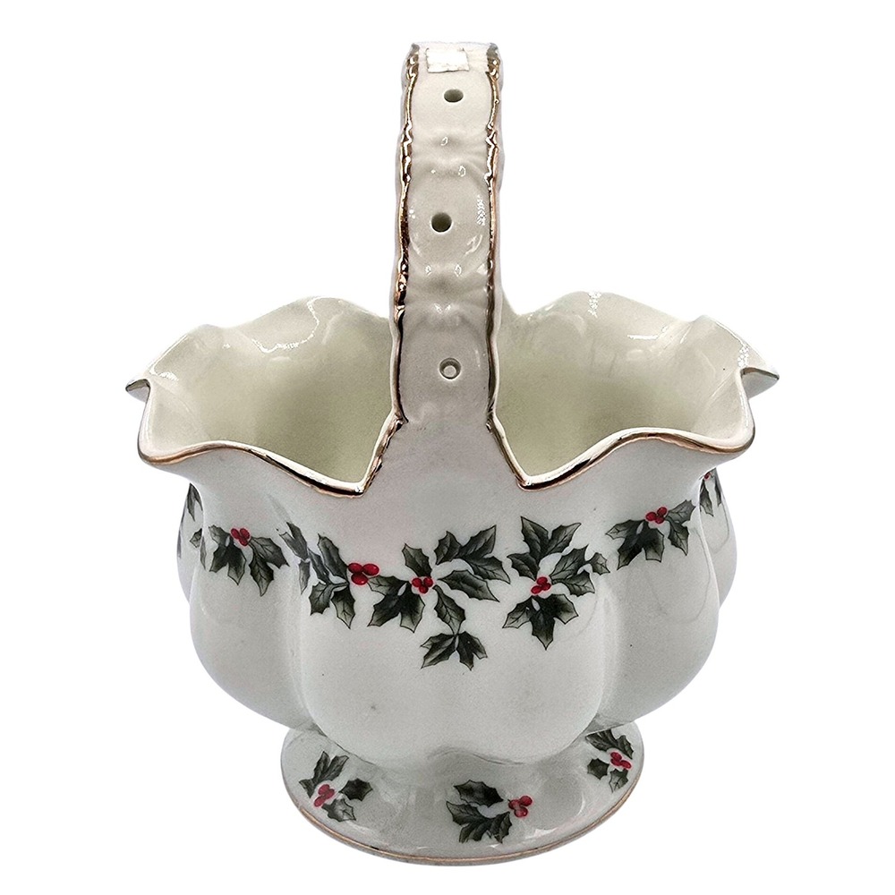 Living Quarters‎ Christmas Holly Berry Ceramic Footed Basket Candy Dish Flowers